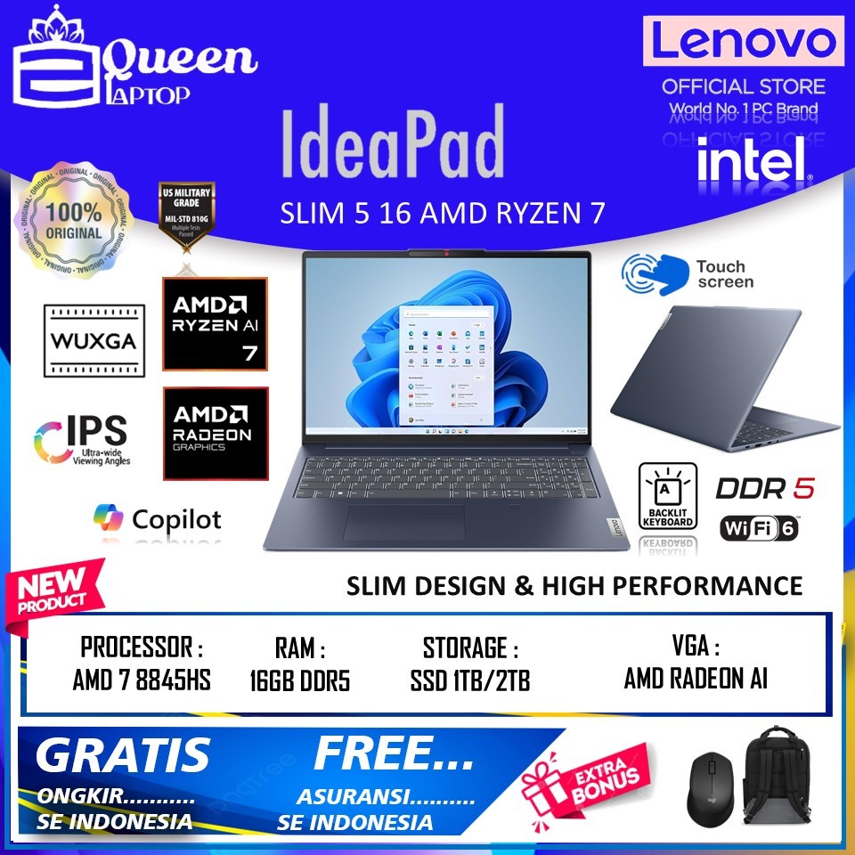 Lenovo Ideapad Slim 5 16 AMD RYZEN 7 8845HS DDR5 16GB 2TB SSD WUXGA IPS TOUCH BACKLIT WIN 11 HOME