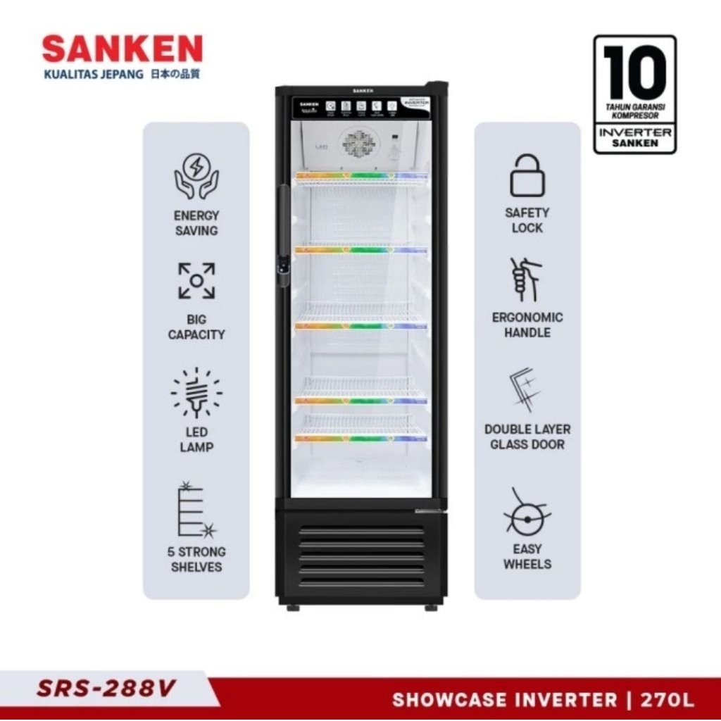 SANKEN SHOWCASE INVERTER 270L DISPLAY 5RAK SRS-288V-BK