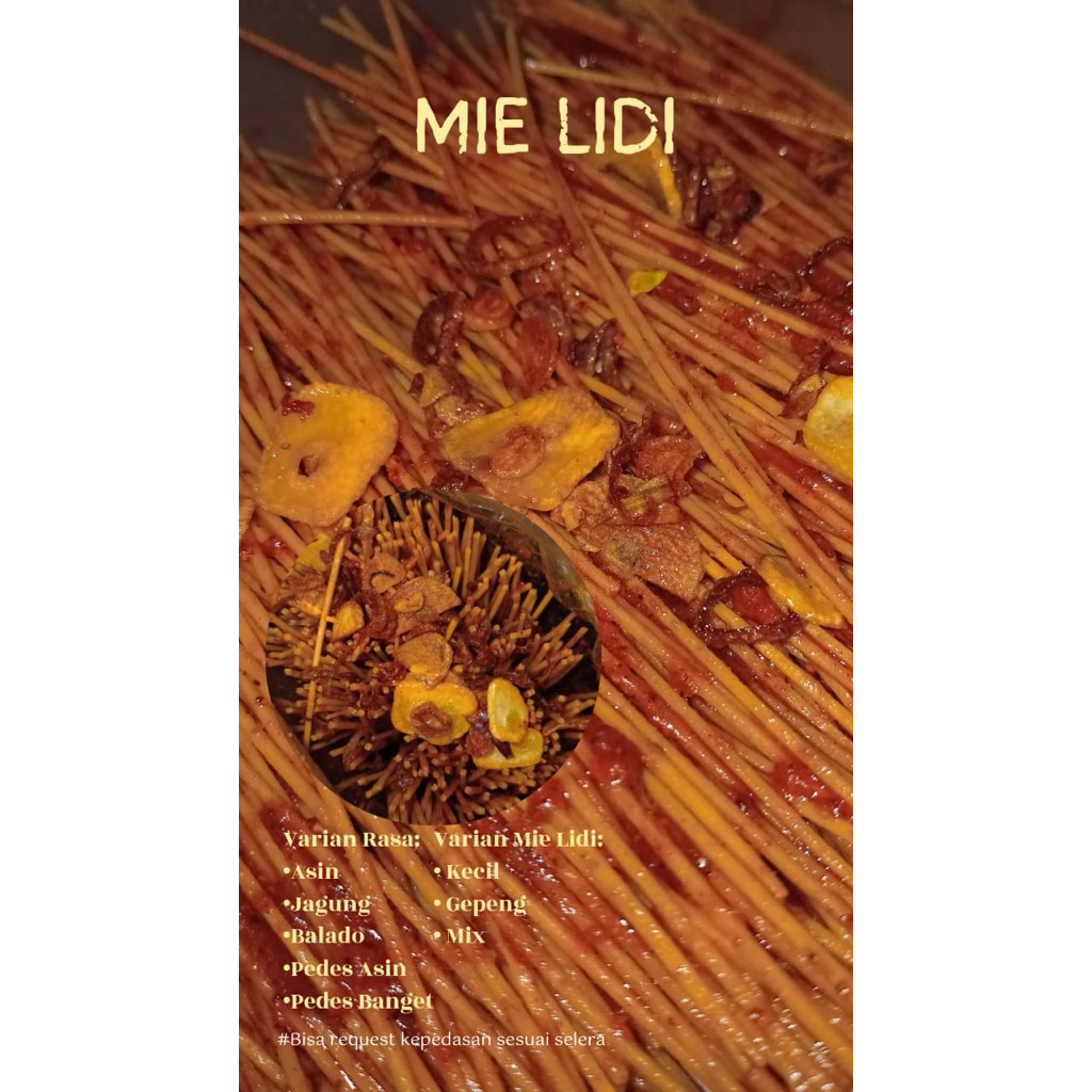 

Mie Lidi luged 250gr dengan perpaduan bumbu basah dan kering yang melimpah