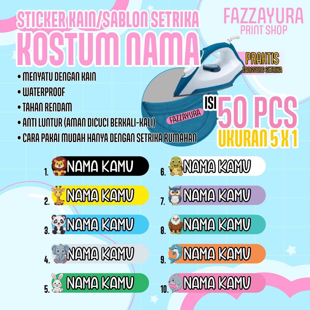 

TERMURAH ISI 50 PCS | STICKER KAIN/SABLON SETRIKA/SABLON KOSTUM NAMA | TEMA BINATANG1