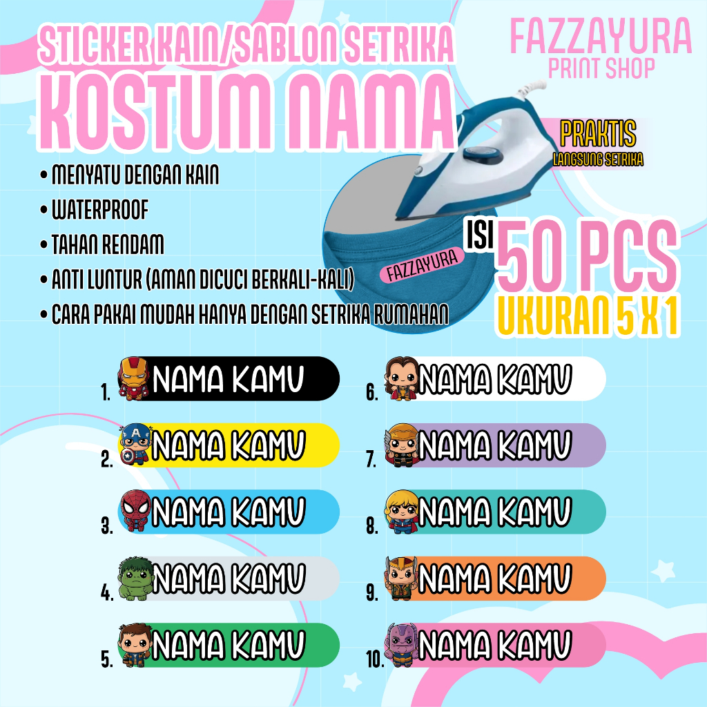 

TERMURAH ISI 50 PCS | STICKER KAIN/SABLON SETRIKA/SABLON KOSTUM NAMA | TEMA SUPERHERO AVENGER