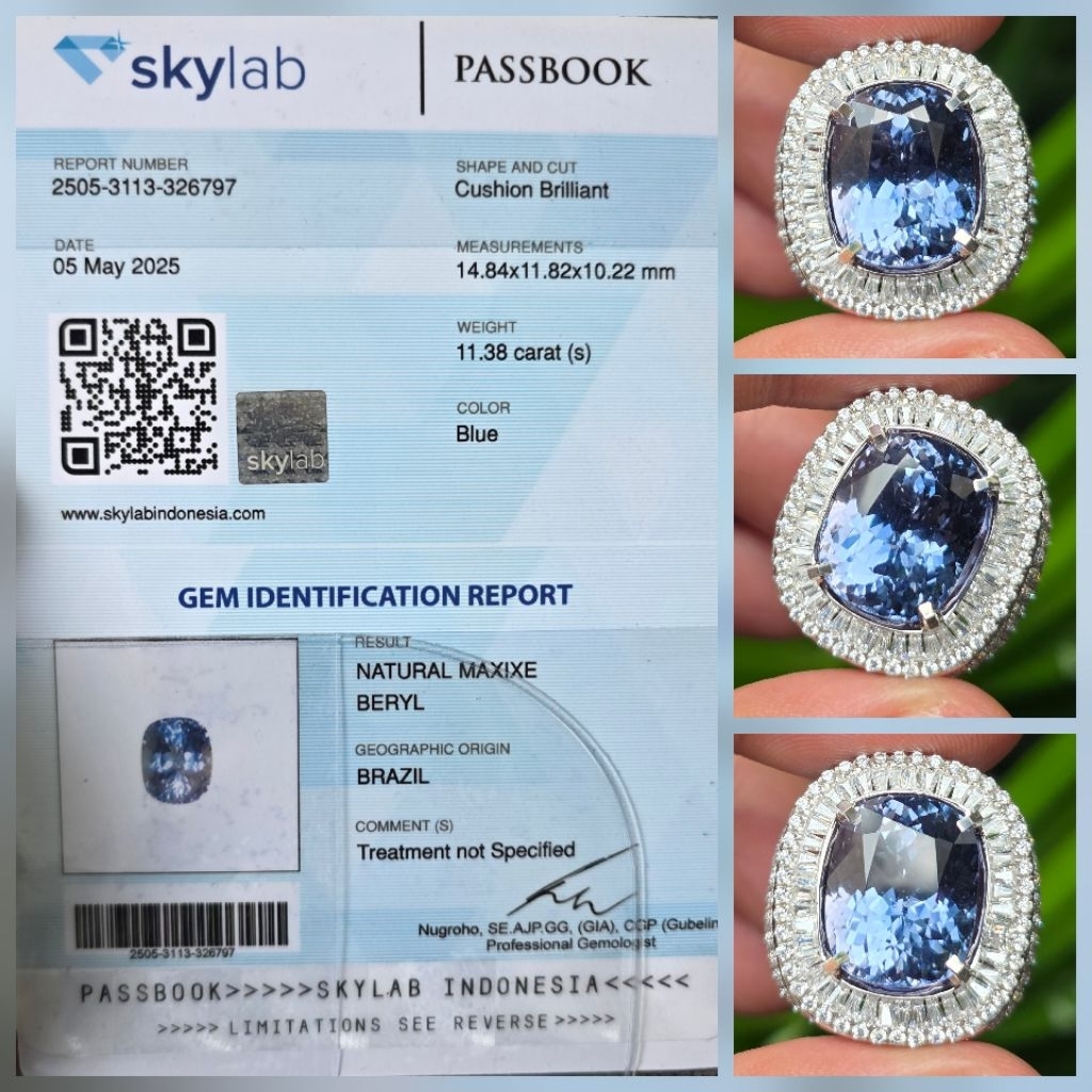 Batu Natural HQ Maxixe Blue Beryl Clean Sertifikat 11.38 crt