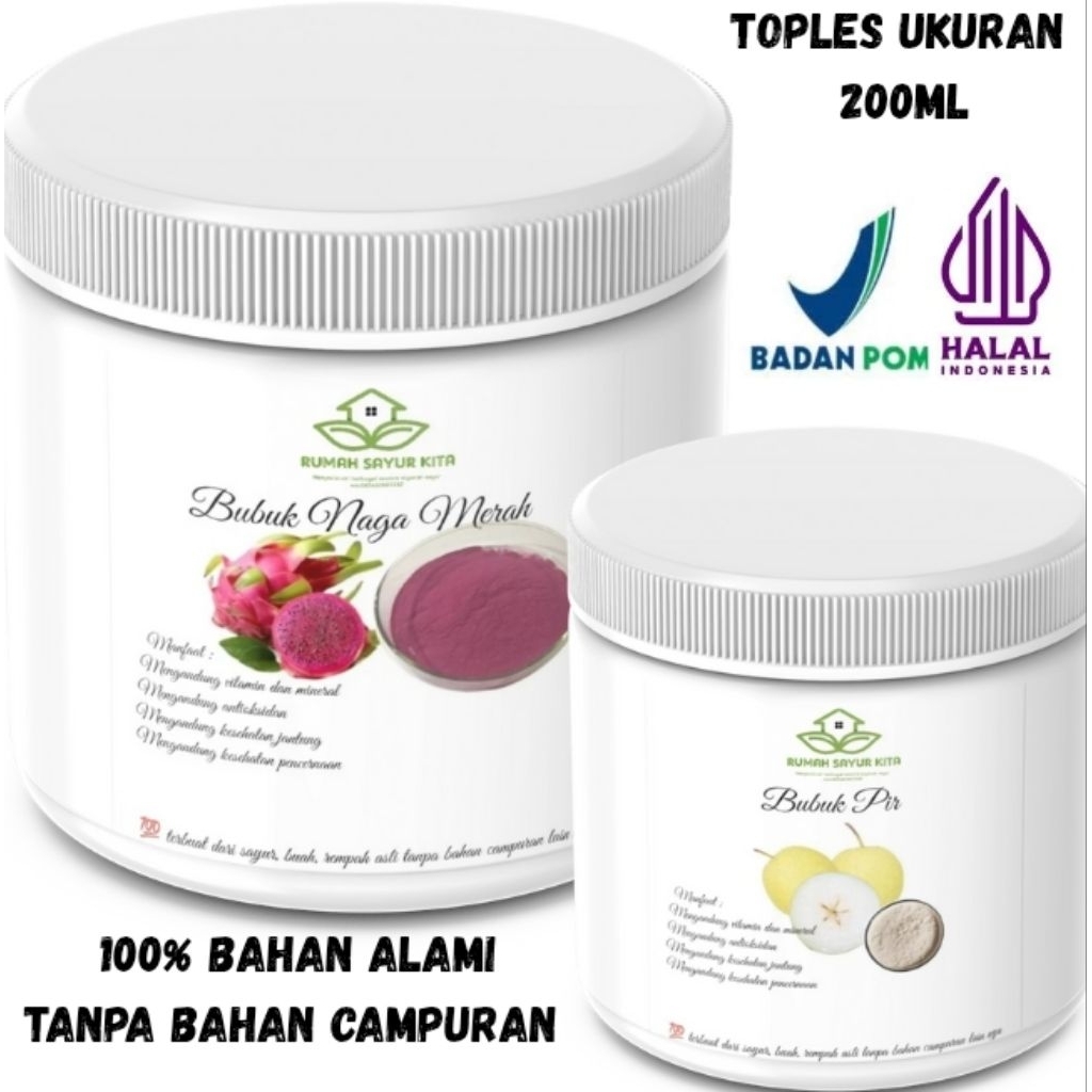 

bubuk buah/bubuk sayur/tepung buah/tepung sayur/naga merah/pir/ubi unggu/ubi kuning/jagung manis/labu Siam/ukuran 200ml
