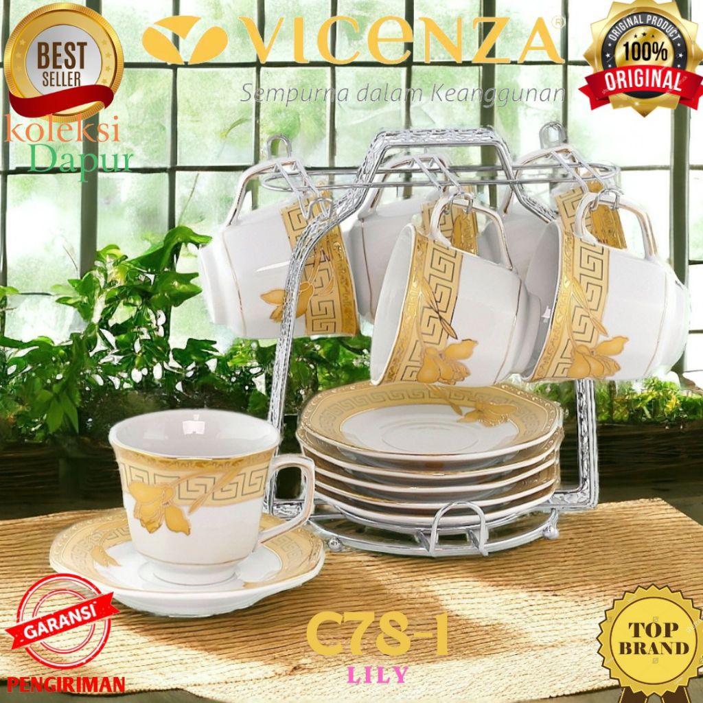 Set cangkir Vicenza cup C78-1, motif cangkir Lily, wadah saji minuman dilengkapi 6 buah cangkir pors