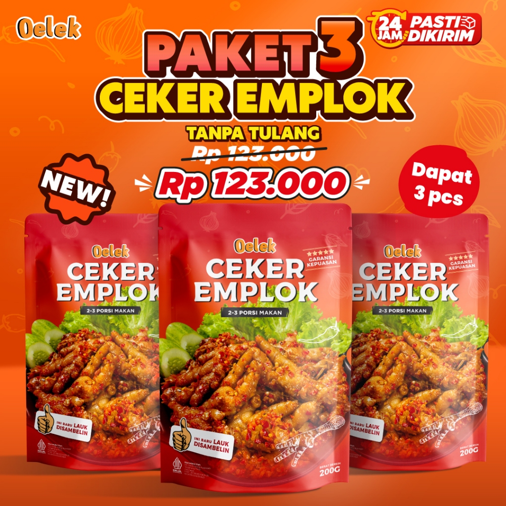 

Oelek Paket Bertiga Ceker Emplok Mercon Tanpa Tulang / Ceker Mercon Pedas / Lauk Siap Saji / Makanan Instant Food / Lauk Sambal