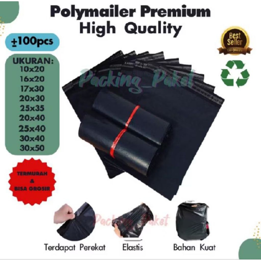 

PAKET 1 PACK ISI 100 PCS POLYMAILER PLASTIK PACKING ONLINE SHOPS HITAM GLOSSY
