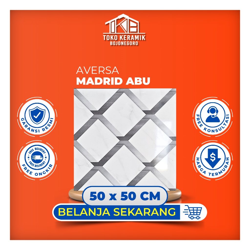 Keramik Lantai Glossy Mengkilap Motif Kotak Ketupat 50x50 Aversa Madrid Abu kW IV