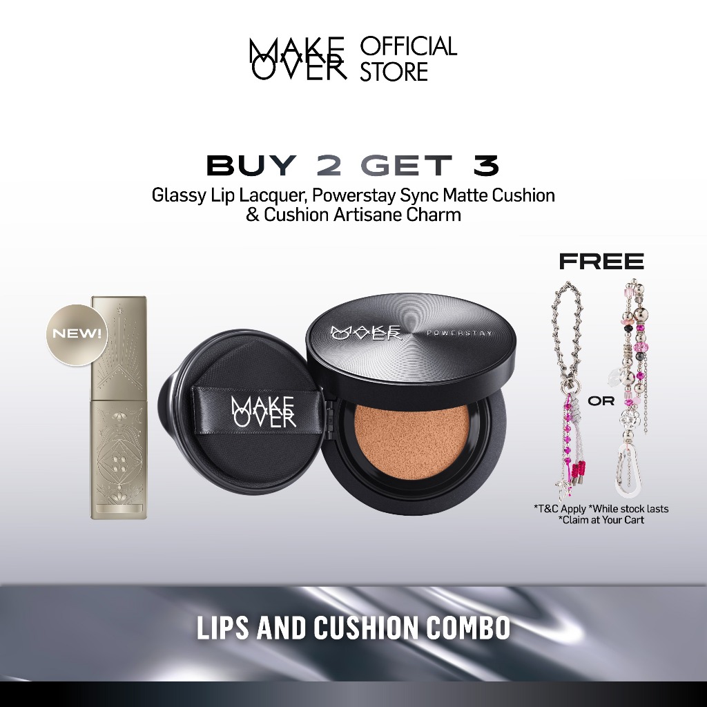 [LIPS AND CUSHION COMBO] NEW SHADES MAKE OVER Glassy Lip Lacquer + Powerstay Sync Matte Cushion -  L