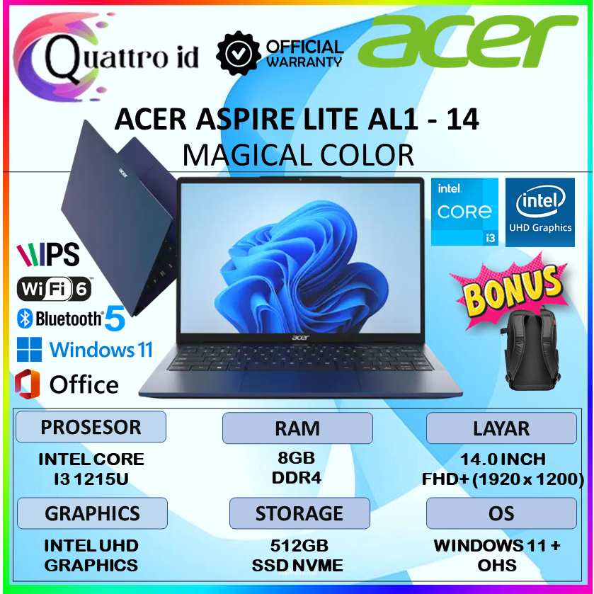 Laptop Acer Aspire Lite AL1 Magical Color Intel i3 1215U 8GB 512GB Layar 14 Inch WUXGA IPS Win 11 + 