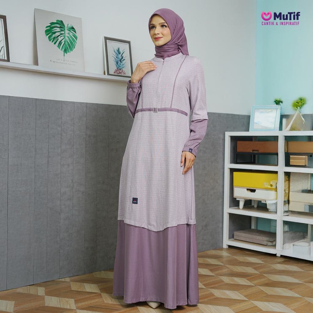 MUTIF Fasilla Purple Gamis Wanita Dewasa Aksen Belt Kecil Busui Wudhu Friendly Dress Panjang A-line