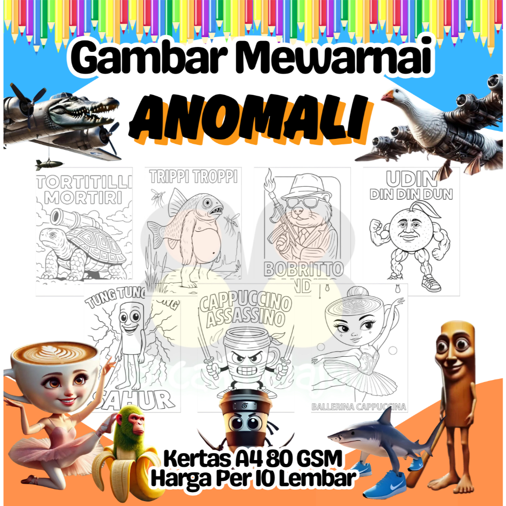 

10 Lembar Kertas A4 Gambar Mewarnai Tema ANOMALI TUNG TUNG SAHUR Termurah - Anak Anak TK SD PAUD Remaja