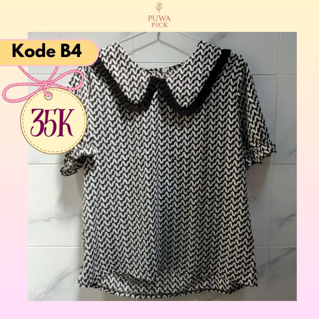Kode B4 | Blouse Kemeja wanita hitam lengan pendek bermotif Korean look | pakaian, baju perempuan, c