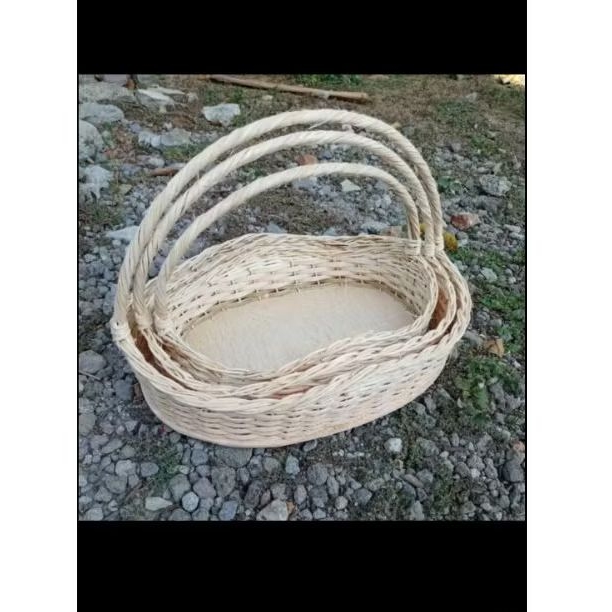 Keranjang rotan ombak pakai tangkai 1set isi 3 pcs keranjang hantaran keranjang seserahan murah