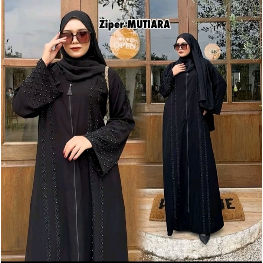 Abaya Hitam Zipper Mutiara (JBBjb)