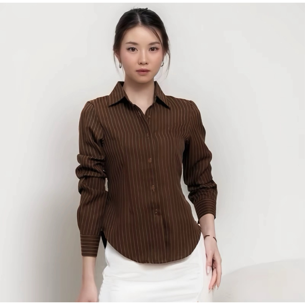 Luna Stripe Kemeja Fitted - Atasan Wanita Fitted Stripe Casual - Kemeja Kerja Wanita Fit Salur Basic