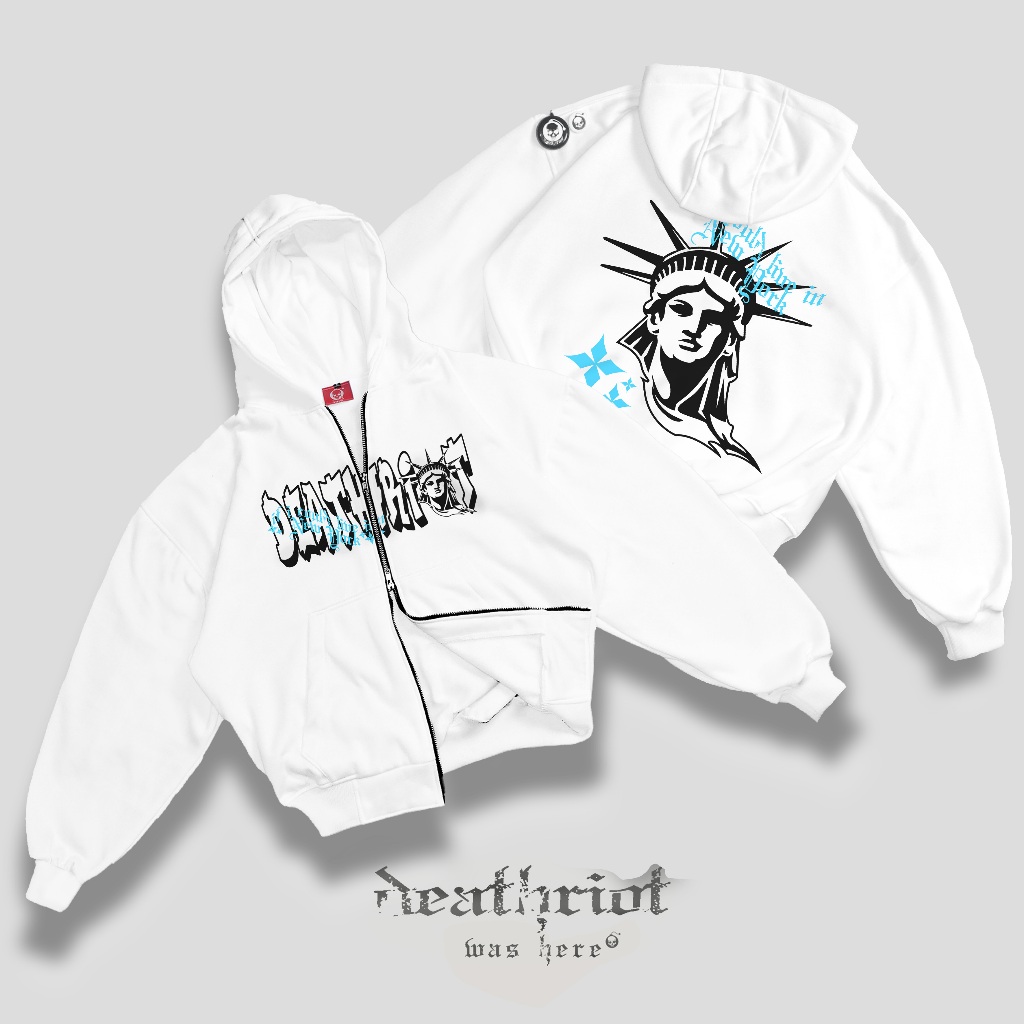 DTRT - Jaket Hoodie Double Zipper Boxy Putih Oversize NewYork 2 Hodie Pria Skena Polos - Free Gift