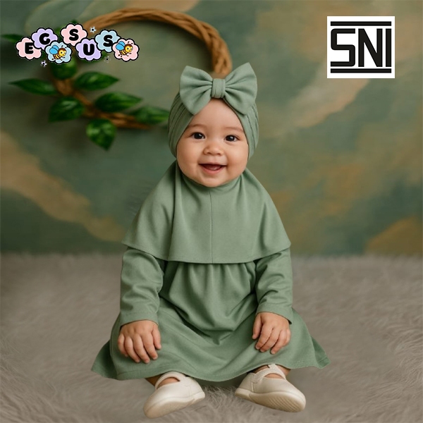 (EGSUS) Gamis Bayi  Hijab Syari Unik Free Turban Anak Lucu Balita Polos Spandek Jersey Hijau Sage