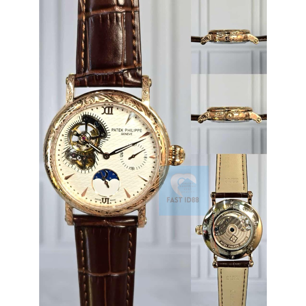 jam tangan automatic pria PatkPhilip Tatto Moon Phase  rosegold leather brown D.42mm