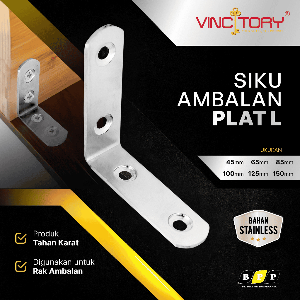 Siku L Stainless Tebal 3mm Lemari Kabinet 90 Derajat VINCITORY | Plat Siku Pigora Stainless Tebal