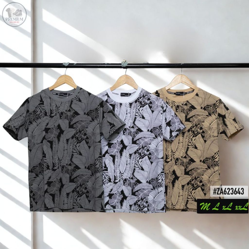 Kaos Pria Motif Daun Bunga Tropis | T-Shirt Cowok Katun Premium Lengan Pendek | Baju Santai Harian F