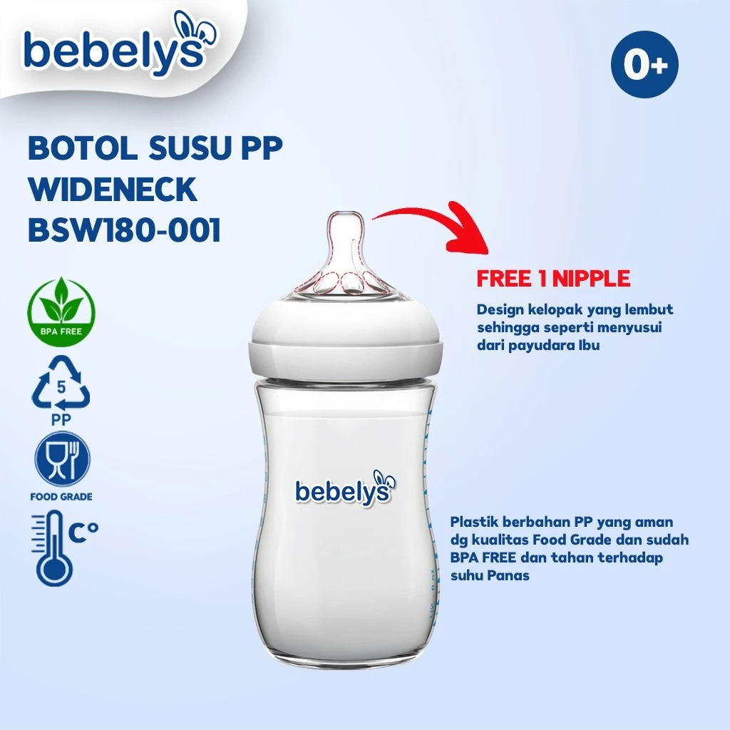 Bebelys Botol Susu 180ml Wideneck BPA Free BSW180-001 / 220115 / Botol Susu Bayi / Botol Bebelys / B