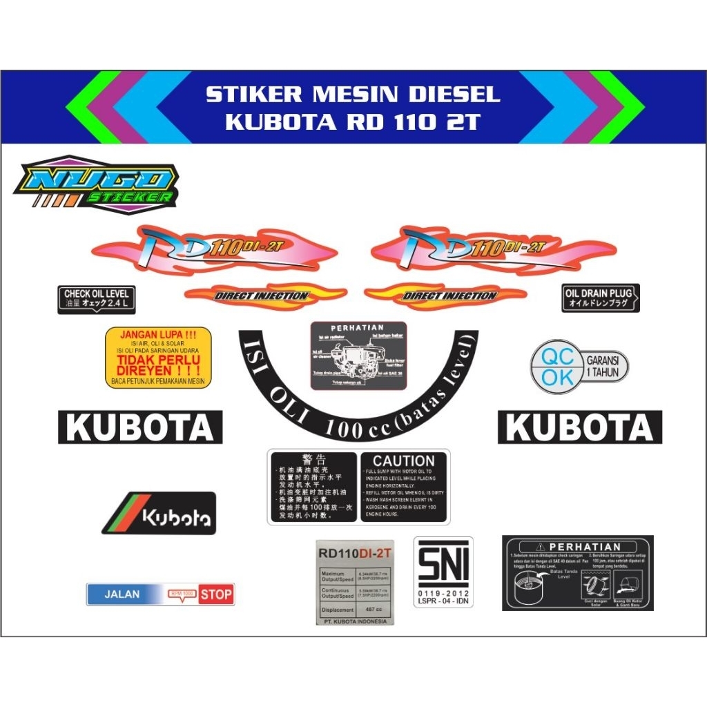 stiker mesin diesel kubota RD 110 2T