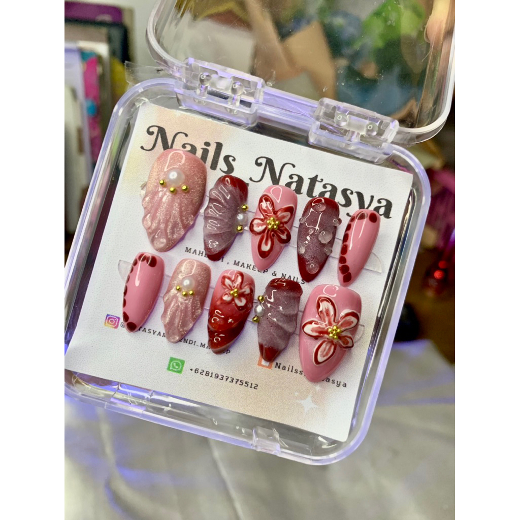 fake nails ,fake nails handmade, press on nails,soft pink maroon, 3D,10 pcs ,full motif ,free lem