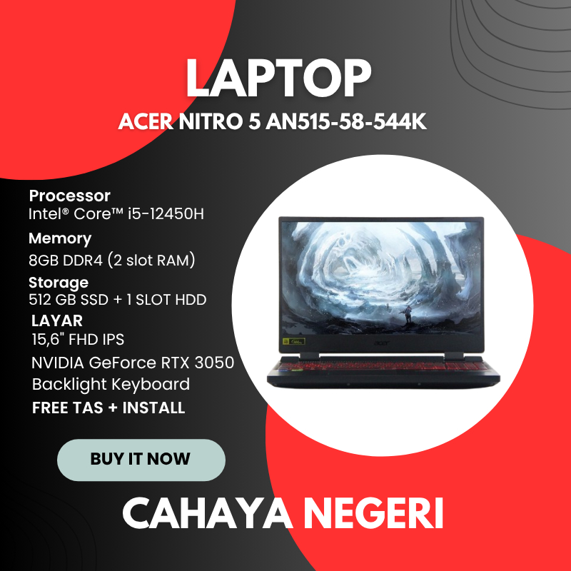 PROMO LAPTOP BARU GAMMING Acer Nitro 5 AN515-58-544K Intel i5-12450H RAM 8GB SSD 512GB NVIDIA RTX305