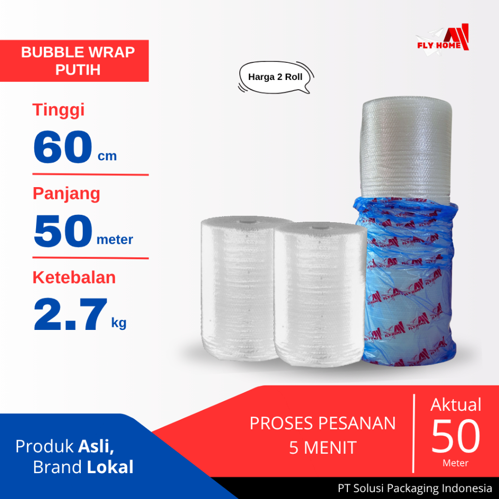 

FLYHOME Bubble wrap 60cm potongan 2,7kg putih 2 roll besar 60x50meter