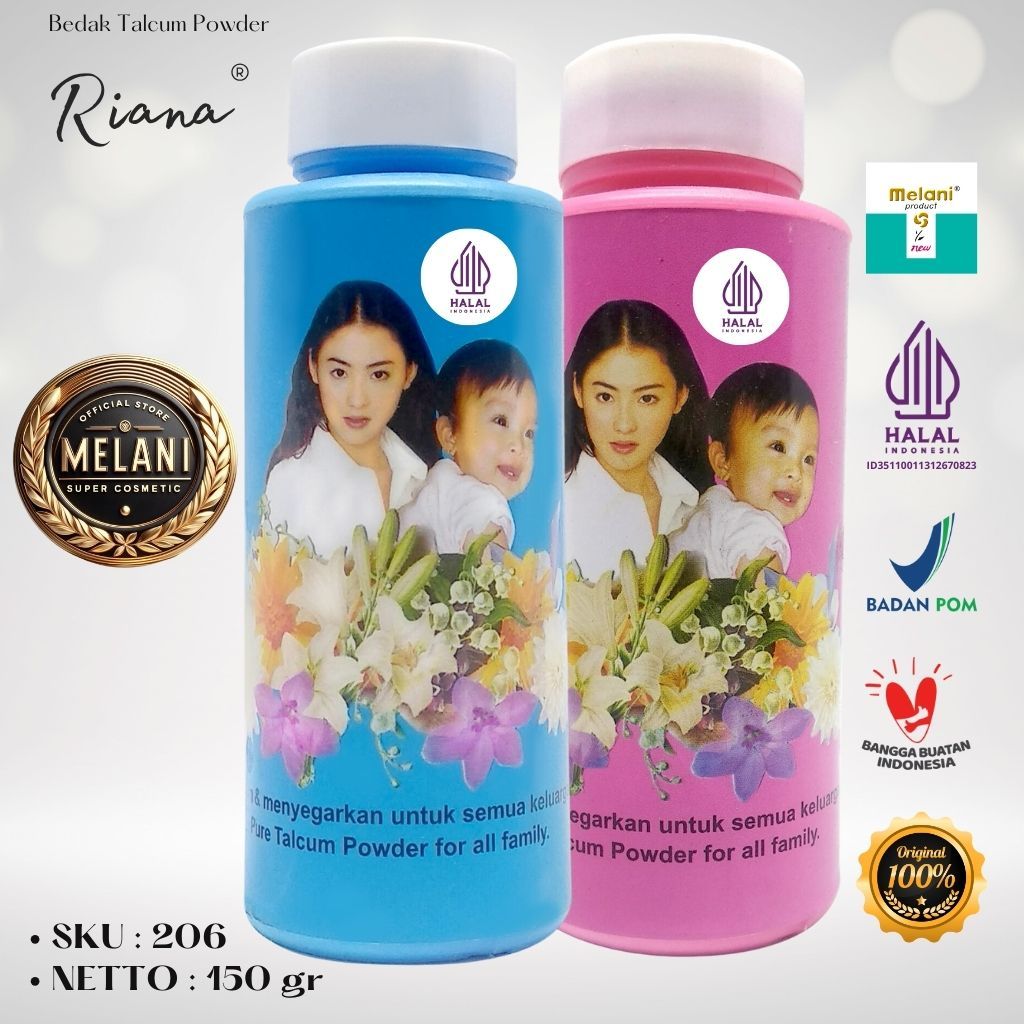 206 Bedak Riana by Melani Botol Plastik Biru / Pink 150 gram - BPOM dan HALAL Terdaftar