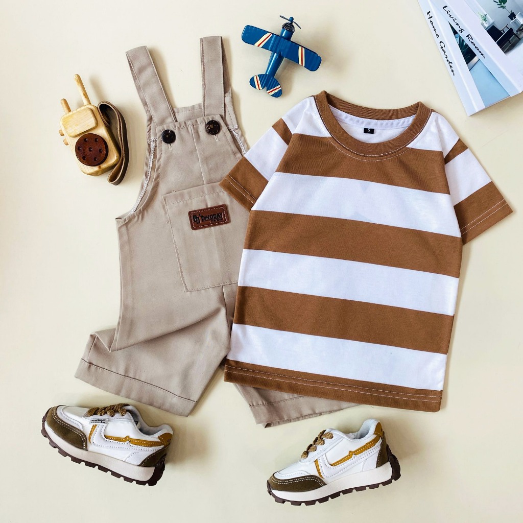 DINODAY Setelan Anak Bayi Laki Laki Baju Kodok Jumpsuit Overall Salur Stripe 1-6 Tahun