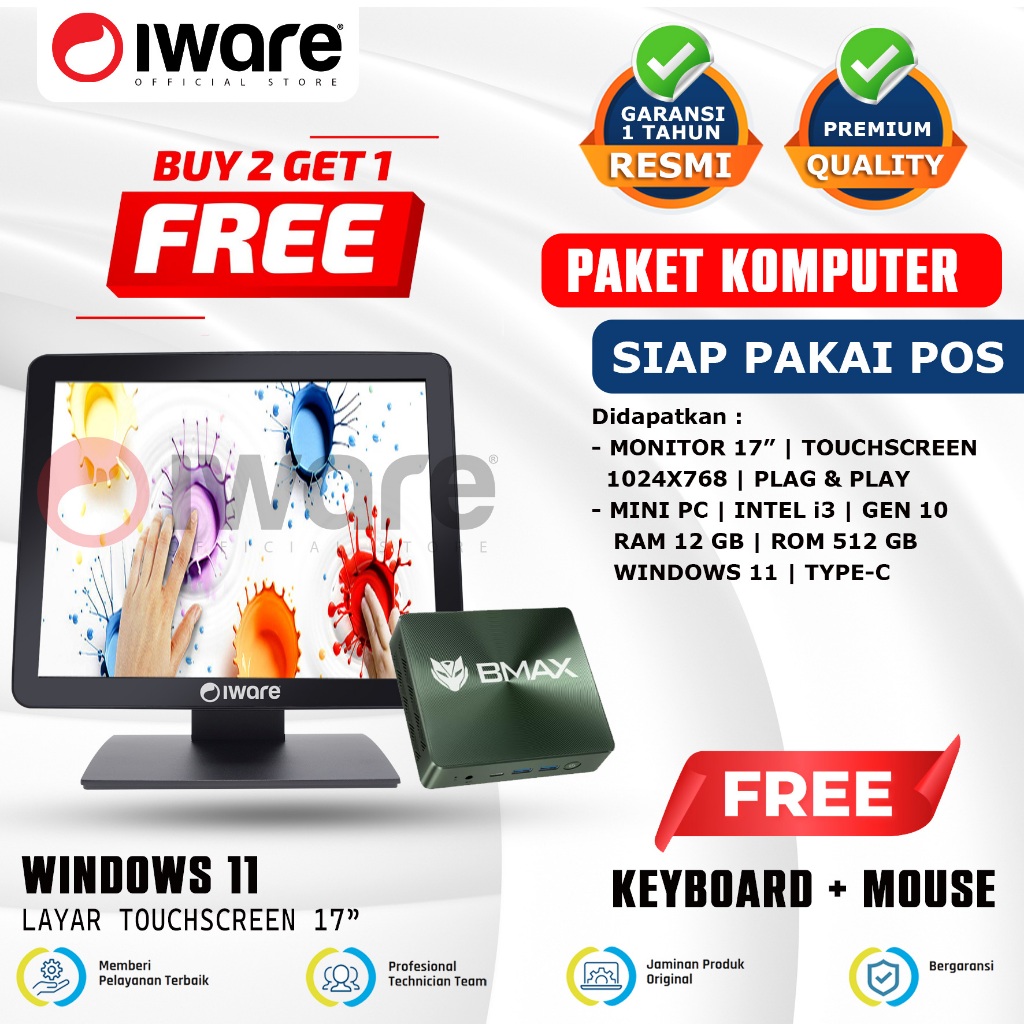 Iware Paket Komputer Mini PC Bmax With Monitor Touchscreen 17" Windows 11 Keyboard + Mouse