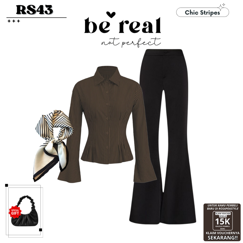 One Set Chic & Classy Remaja Kekinian (Set Kemeja Fitted Cokelat, Cutbray Hitam, dan Scarf) | RS43