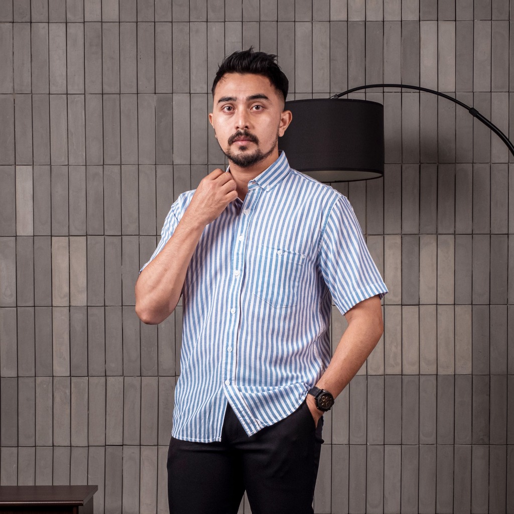 PAKAJI Kemeja Pria Salur Lengan Pendek Premium Kemeja Stripe Pria Kemeja Garis Pria Slimfit Garis Bi