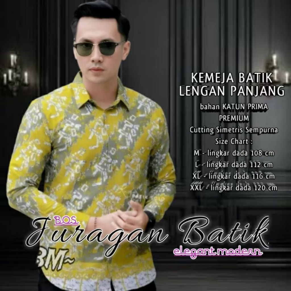 Batik Warna Kuning Putih Abu-abu | Kemeja Batik Pria Lengan Panjang Batik Kerja Kantor Modern Cowok