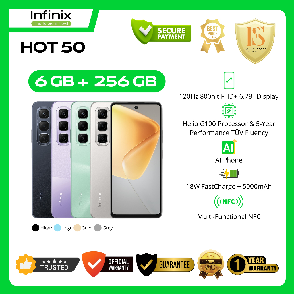 Infinix Hot 50 RAM 6 + 256 NFC - Helio G100 - 5000 mAh - Fast Charger - Rear 50MP