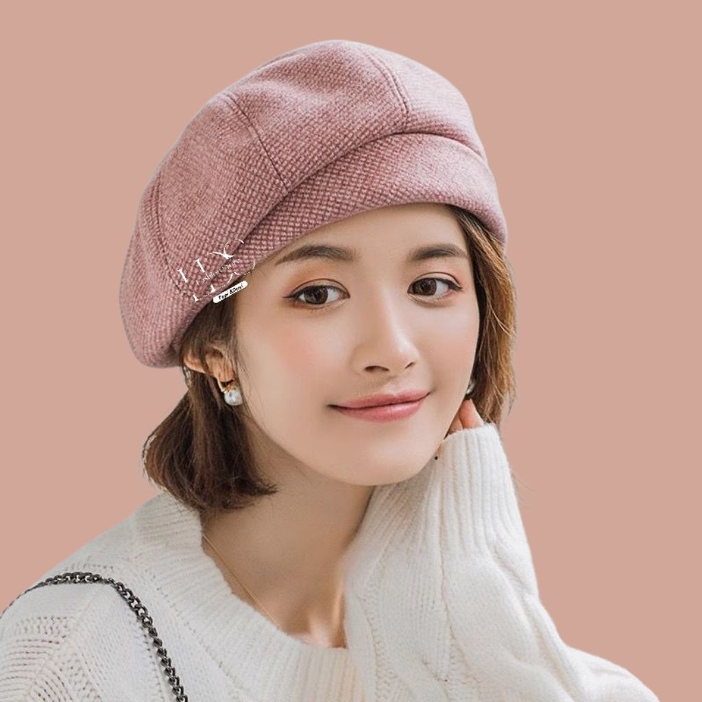 Topi Wanita Baret Wol Topi Fashion Wanita Warna Pink
