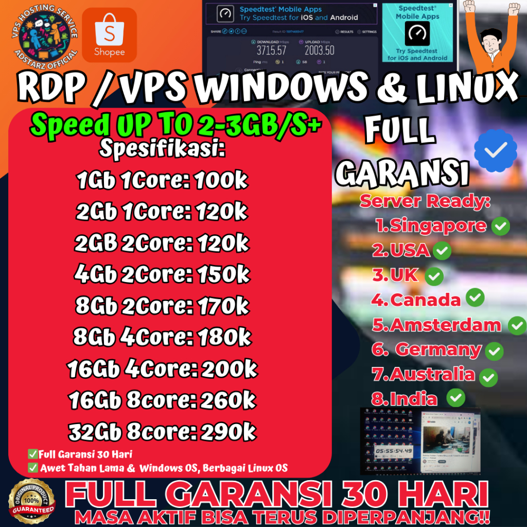 RDP / VPS BULANAN Windows Ubuntu Debian Full root Full Administrator & root & Full Garansi [ 30 HARI