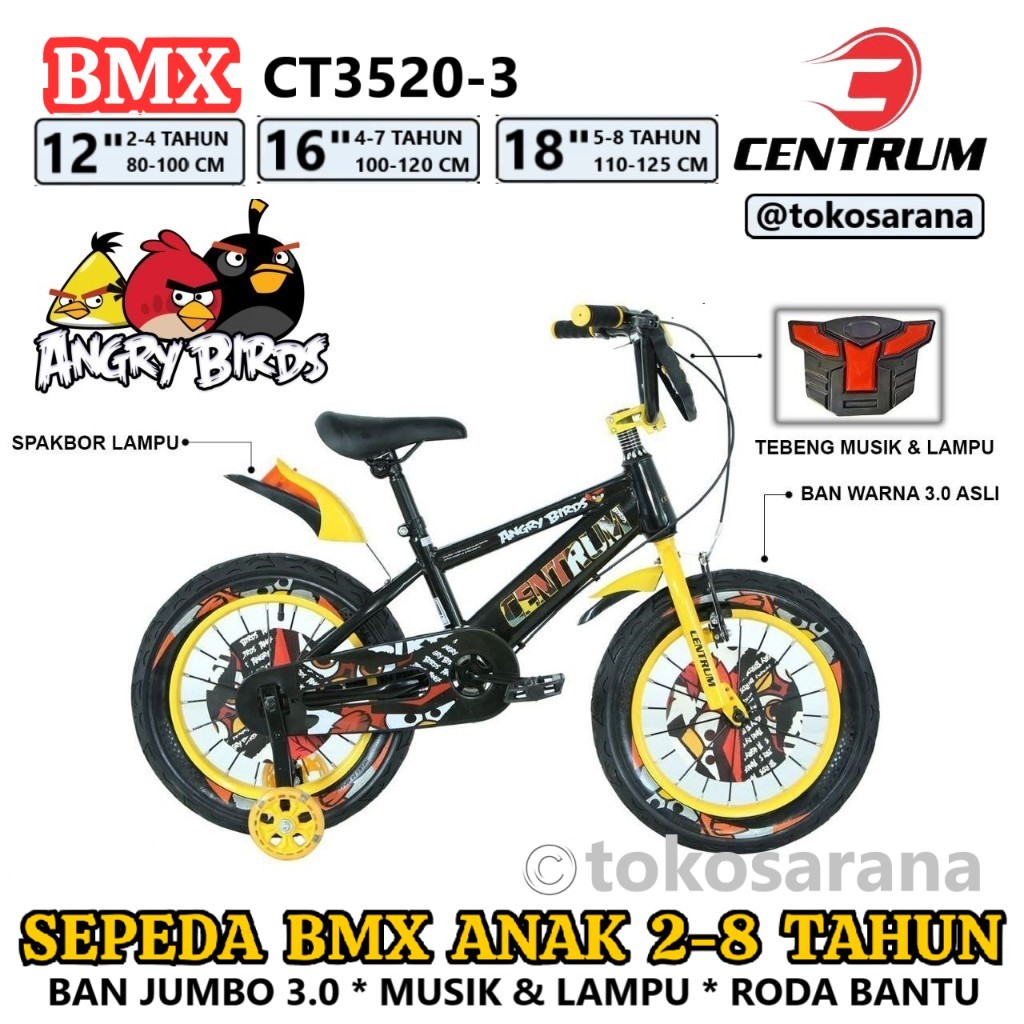 Sepeda BMX Anak Centrum CT3520 3.0 4ngry 8irds Ban Jumbo 12 Inch x 3.0 Inch 2-4 Tahun Hi-Ten Steel L