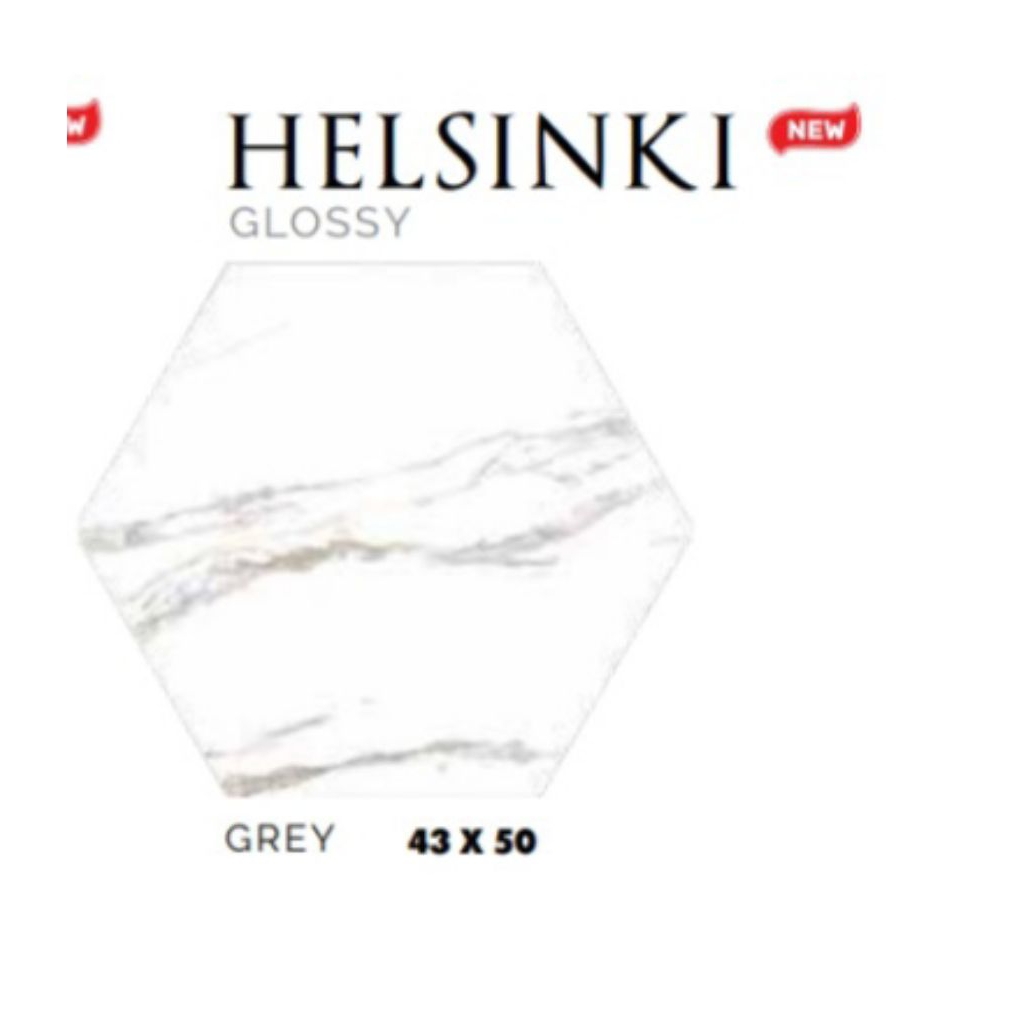 KERAMIK MERK PLATINUM TIPE HELSINKI GREY UKURAN 43X50 BENTUK HEXAGONAL WARNA LATAR PUTIH CORAK MOTIF