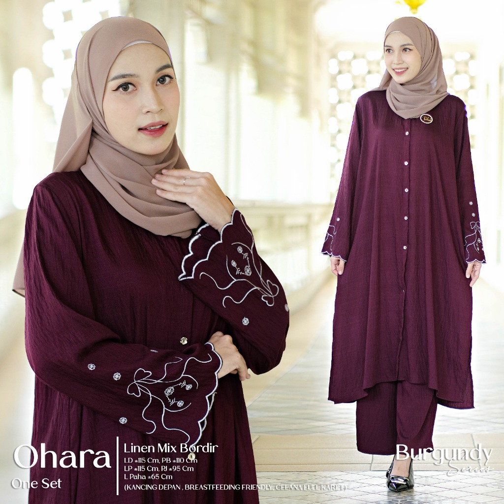 Setulus Signature Ohara One Set Wanita Muslim Linen Mix Bordir Motif Polos Kombinasi Bordir Bunga On