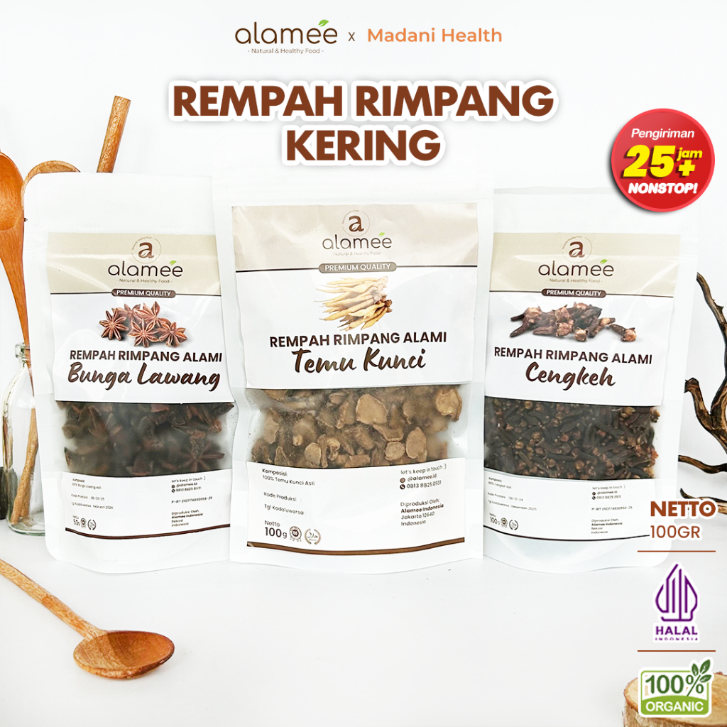 

ALAMEE Rempah Kering Bumbu Dapur 100gr Kencur Alang Alang Kayu Secang Bunga Lawang Cengkeh Ketumbar madanihealth