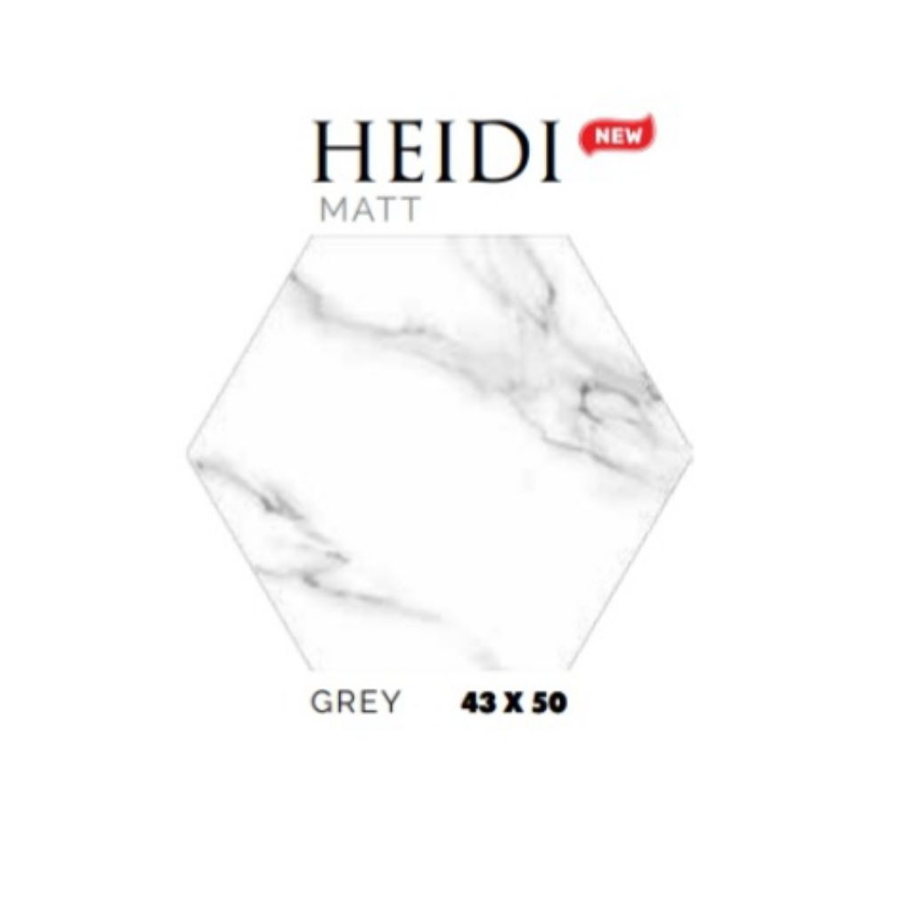KERAMIK MERK PLATINUM TIPE HEIDI GREY UKURAN 43X50 BENTUK HEXAGONAL WARNA LATAR PUTIH CORAK MOTIF AB