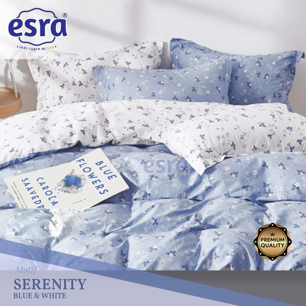 Sprei Katun Lokal Esra Motif Bunga Tabur Natasha Biru Putih