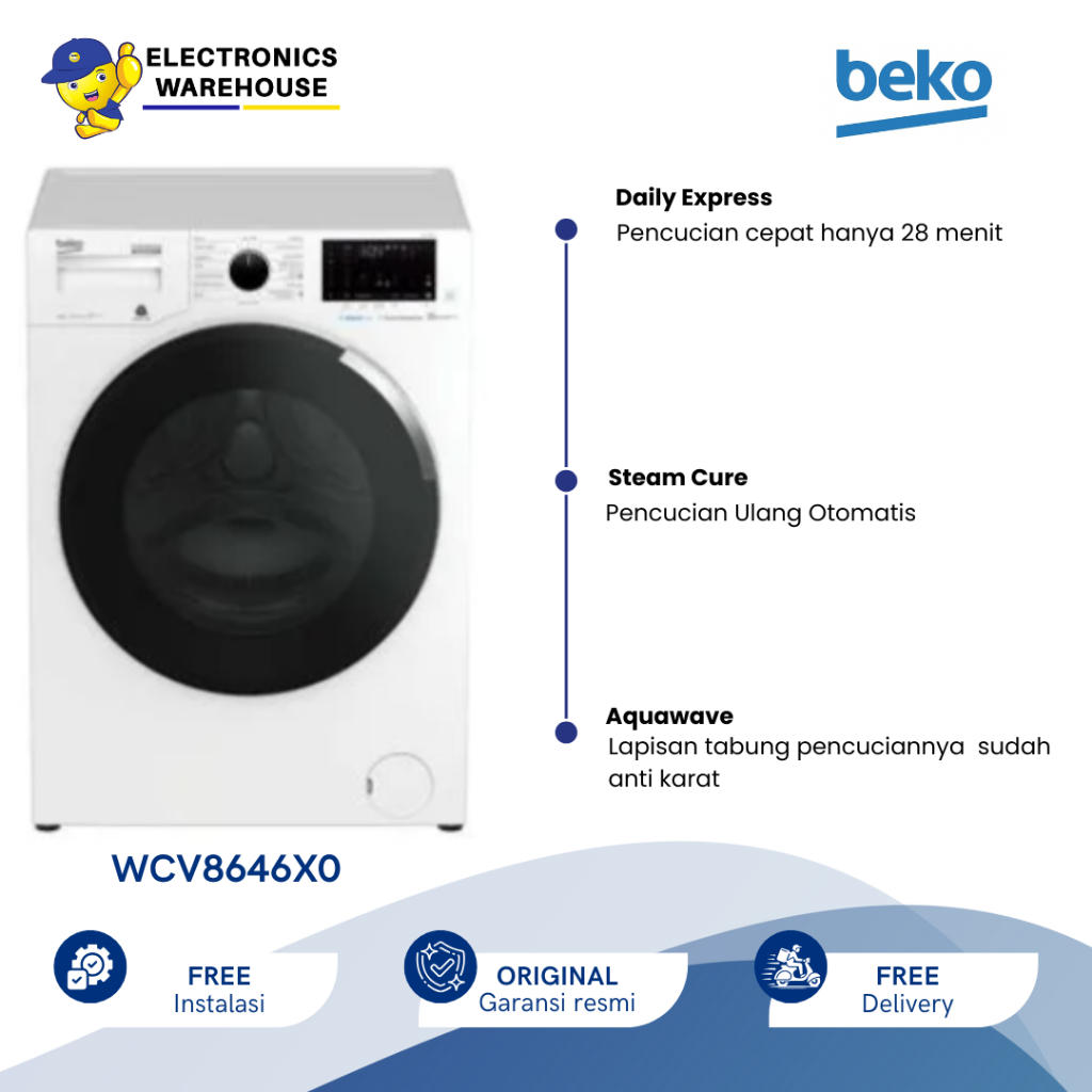 Beko Mesin Cuci WCV8646X0 - Washing Machine Front Loading 8 Kg WCV 8646 X0