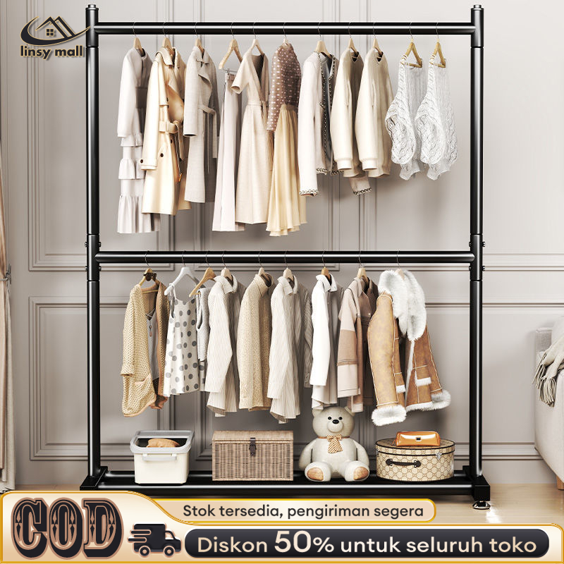 Rak Baju Gantung Berdiri 2 Susun Rak Gantungan Baju Besi Rak Baju Gawang Estetik Stand Hanger 200CM