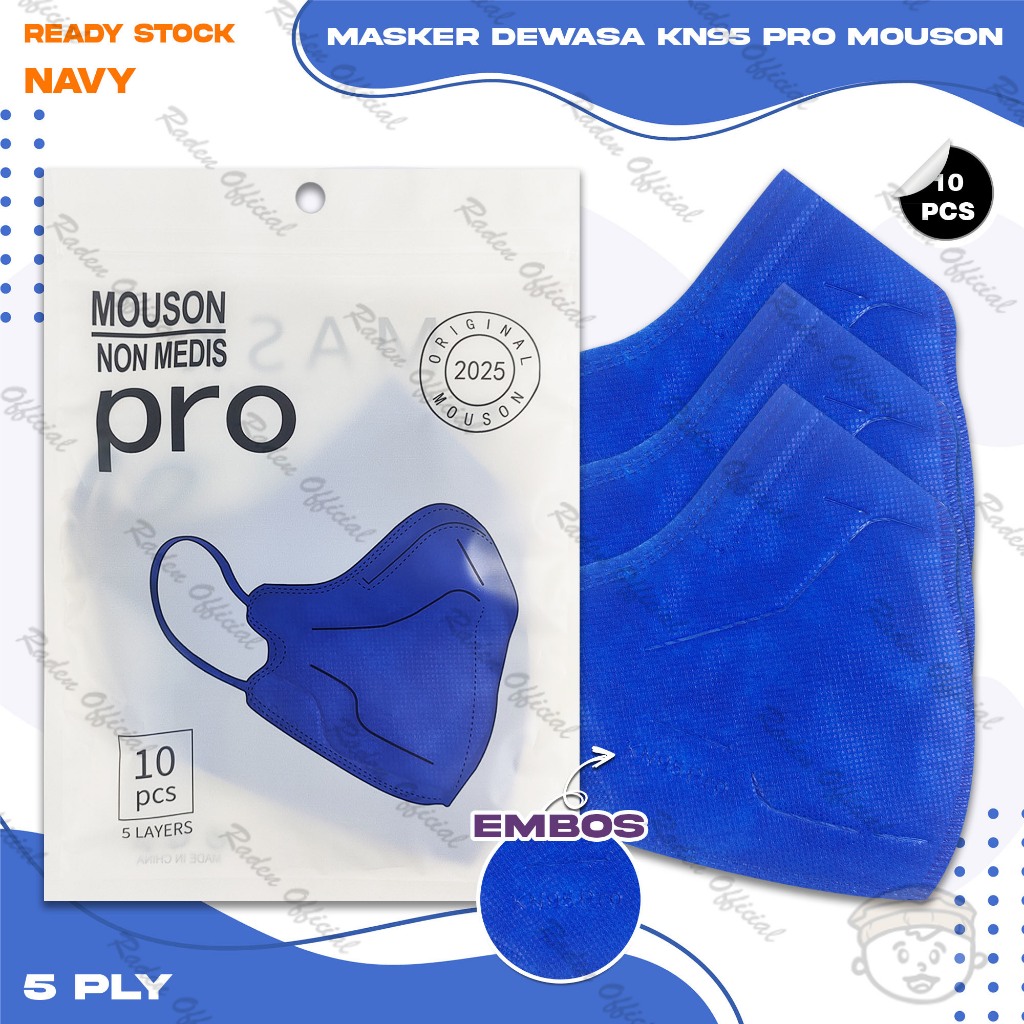 Masker KN95 PRO MOUSON 5Ply Isi 10Pcs Navy Biru Dongker Hybrid KN 95 5 Ply Earloop Surgical Mask Kem