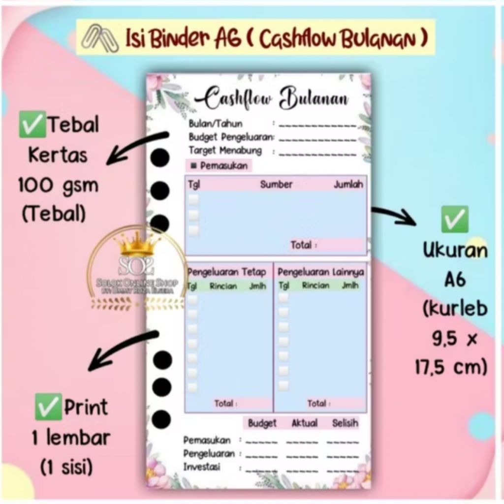 

Cashflow Bulanan Kertas Binder A6