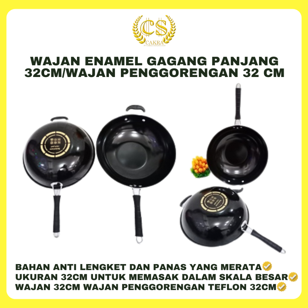 Wajan Enamel Gagang Panjang 32cm/Wajan Penggorengan Teflon 32 CM