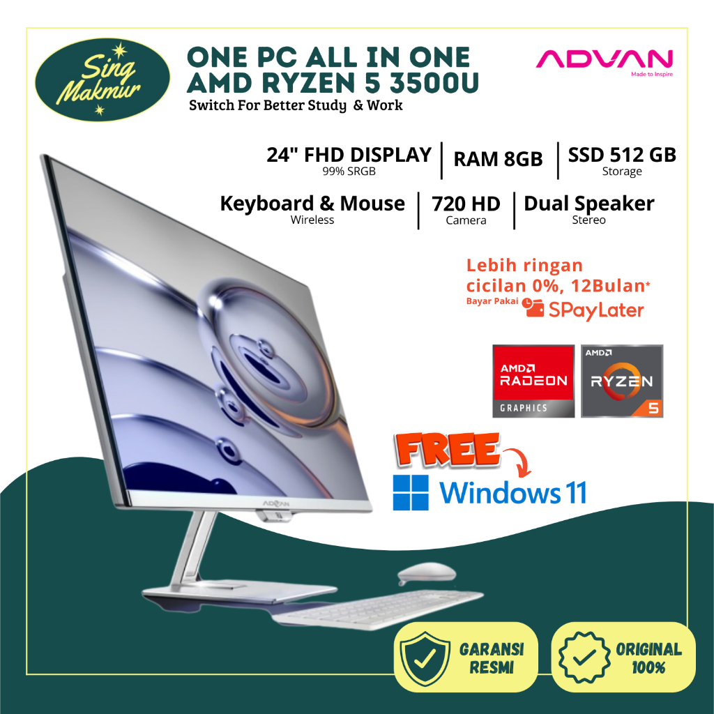 Advan One PC AIO All-in-One Desktop 24" inch AMD Ryzen 5 3500U FHD 8GB/512GB 99% SRGB